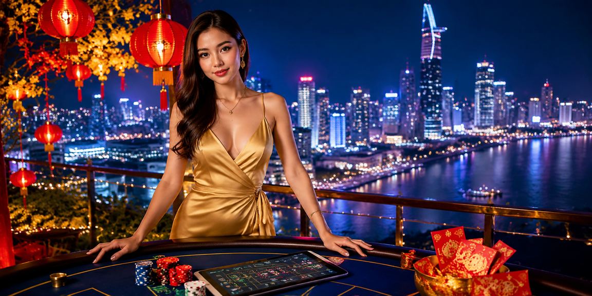 Bao lì xì đỏ và đèn lồng trang trí tại TP.HCM mùa lễ hội, người chơi nhận thưởng vui vẻ